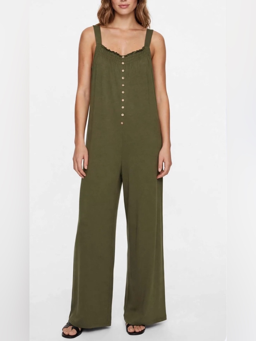 NWT Kirundo XL Extra Large Wide-Leg Smocked Button-Front Romper Pockets Olive